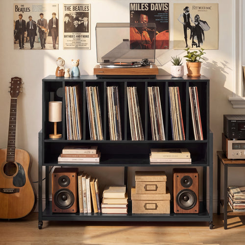 Turntable Stand With Vinyl Shelves, Charging Station, Black