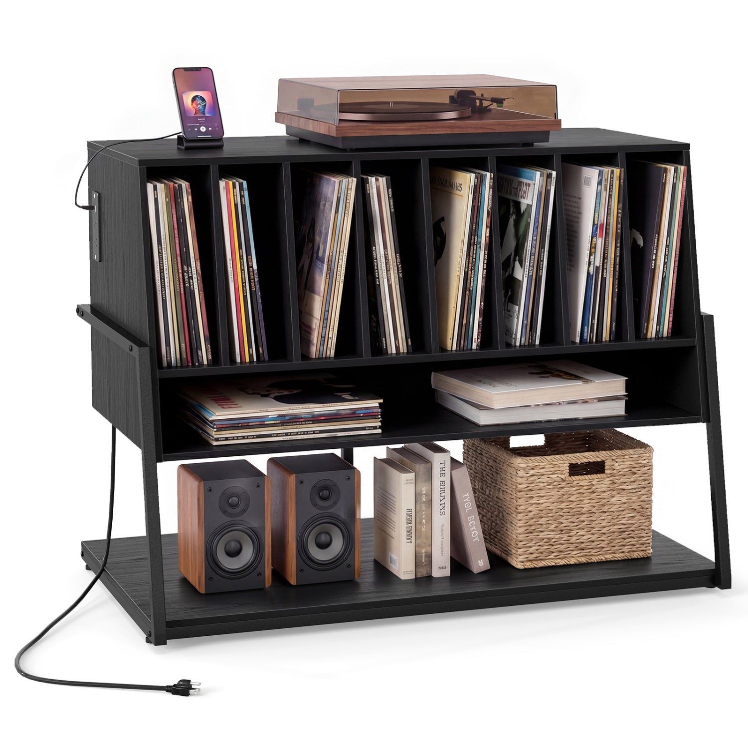 Turntable Stand With Vinyl Shelves, Charging Station, Black End & Side Tables Black at Gallery Canada