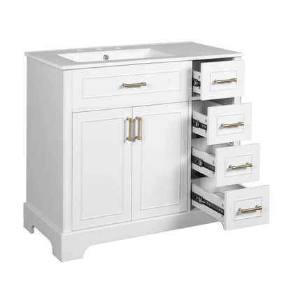 Bathroom Vanity, Ceramic Sink, Soft-Close Doors, 36" L x 18.5" W x 34" H, White Sink Cabinets at Gallery Canada