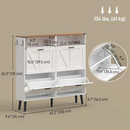 Shoe Storage Cabinet, 4 Flip Drawers, Farmhouse Narrow, Holds 24 Pairs, White Shoe Storage Cabinets & Racks at Gallery Canada