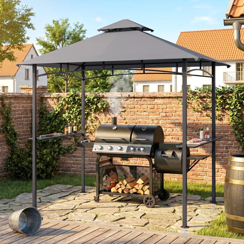 8' x 5' BBQ Grill Gazebo Tent, Double Tiered Canopy, Outdoor Sun Shade, Grey