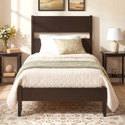 Twin Bed Frame with Headboard, Solid Wood Legs, 12 Slats, Rustic Brown Beds & Bed Frames Dark Walnut at Gallery Canada