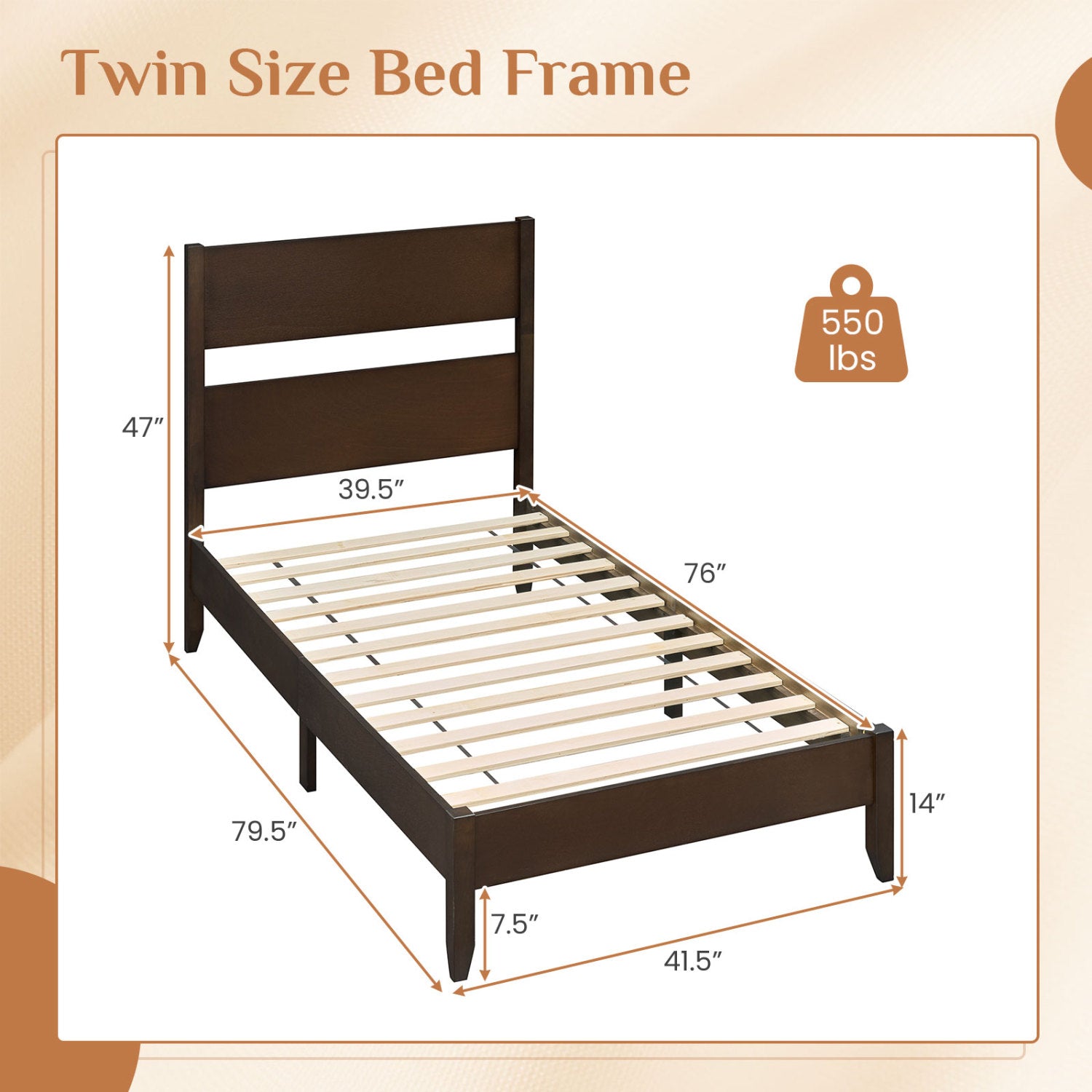 Twin Bed Frame with Headboard, Solid Wood Legs, 12 Slats, Rustic Brown Beds & Bed Frames at Gallery Canada