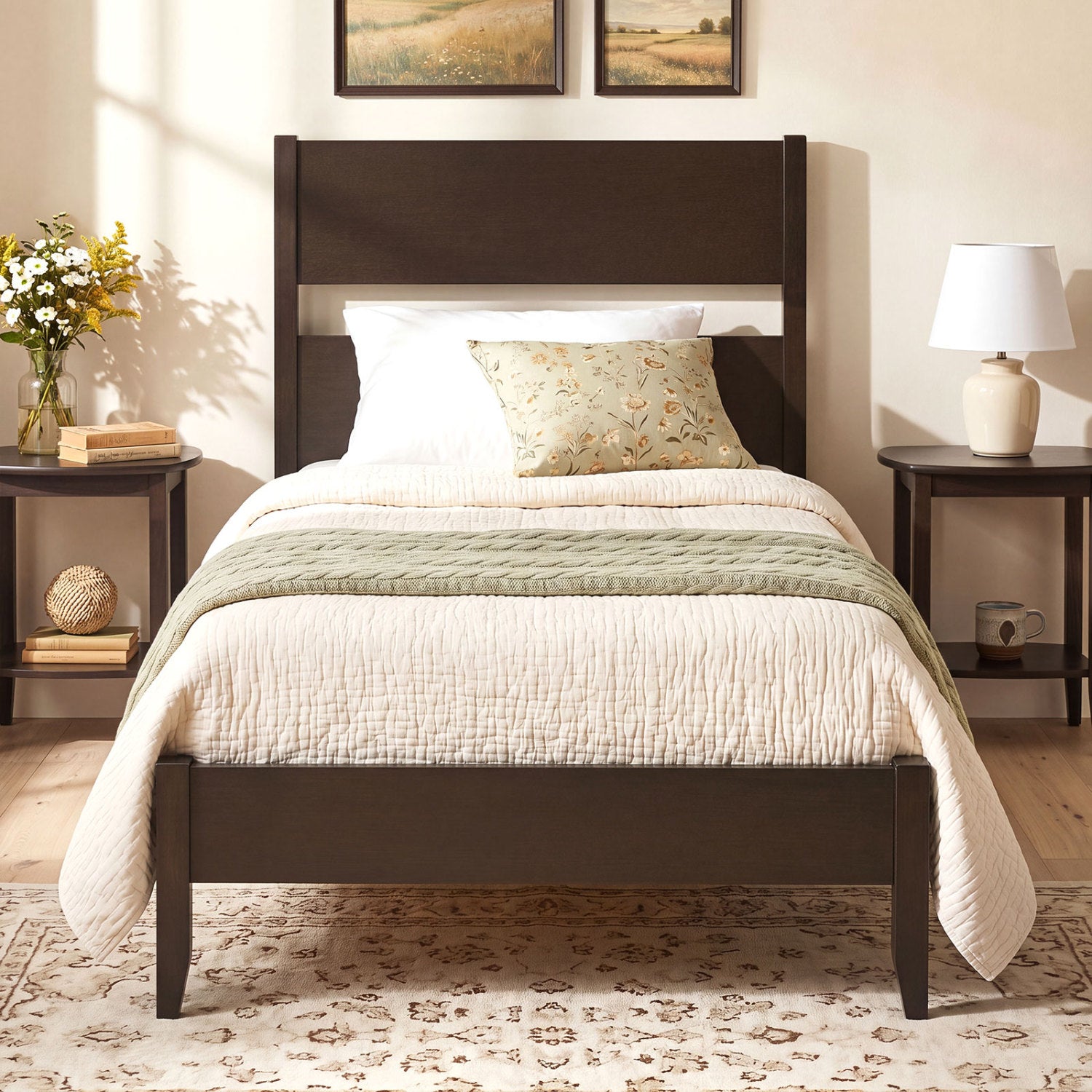 Twin Bed Frame with Headboard, Solid Wood Legs, 12 Slats, Warm Brown Beds & Bed Frames at Gallery Canada