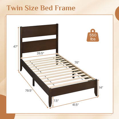 Twin Bed Frame with Headboard, Solid Wood Legs, 12 Slats, Warm Brown Beds & Bed Frames at Gallery Canada