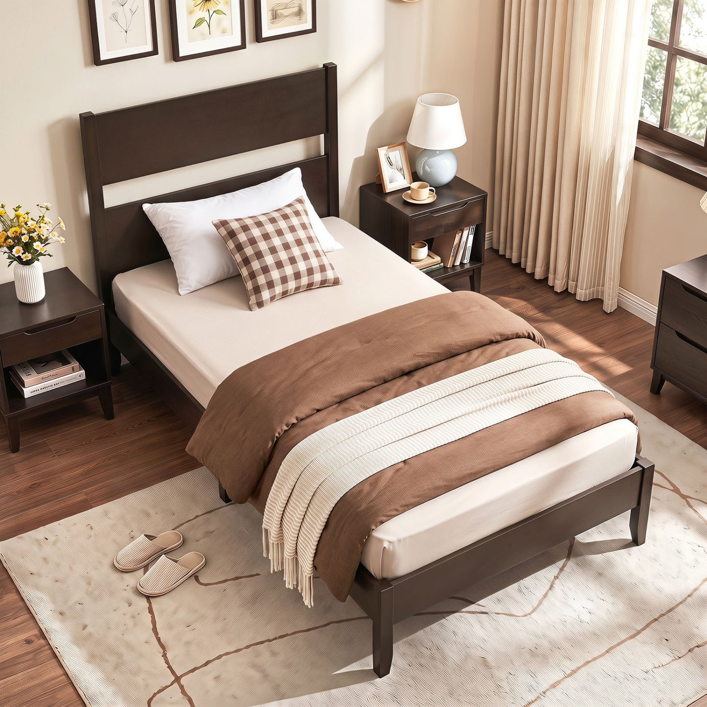 Twin Bed Frame with Headboard, Solid Wood Legs, 12 Slats, Warm Brown Beds & Bed Frames at Gallery Canada