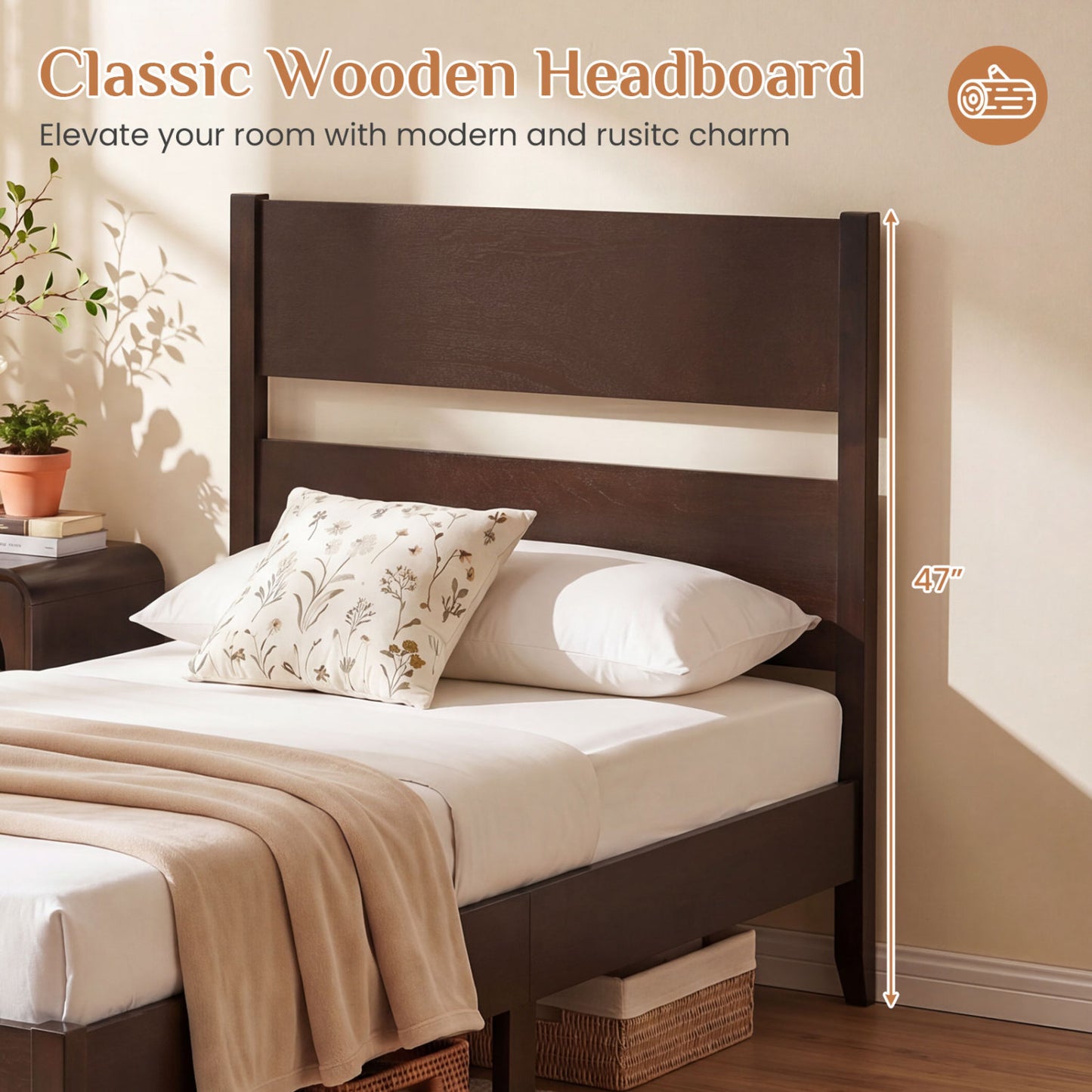 Twin Bed Frame with Headboard, Solid Wood Legs, 12 Slats, Warm Brown Beds & Bed Frames at Gallery Canada