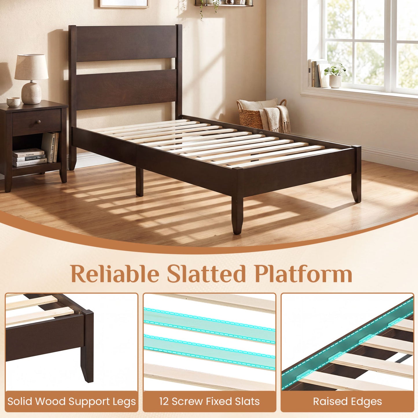 Twin Bed Frame with Headboard, Solid Wood Legs, 12 Slats, Warm Brown Beds & Bed Frames at Gallery Canada