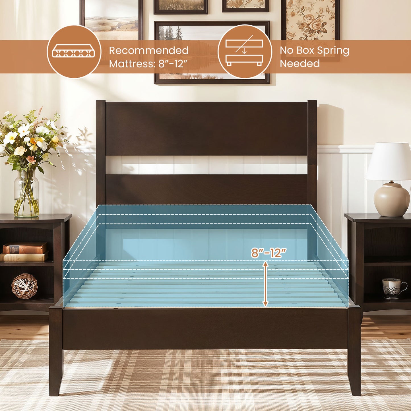 Twin Bed Frame with Headboard, Solid Wood Legs, 12 Slats, Warm Brown Beds & Bed Frames at Gallery Canada