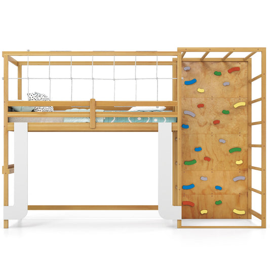 Twin Bunk Bed With Jungle Gym, Wooden Loft Bed, Climbing Ladder, Natural Bunk Bed Frame Natural at Gallery Canada