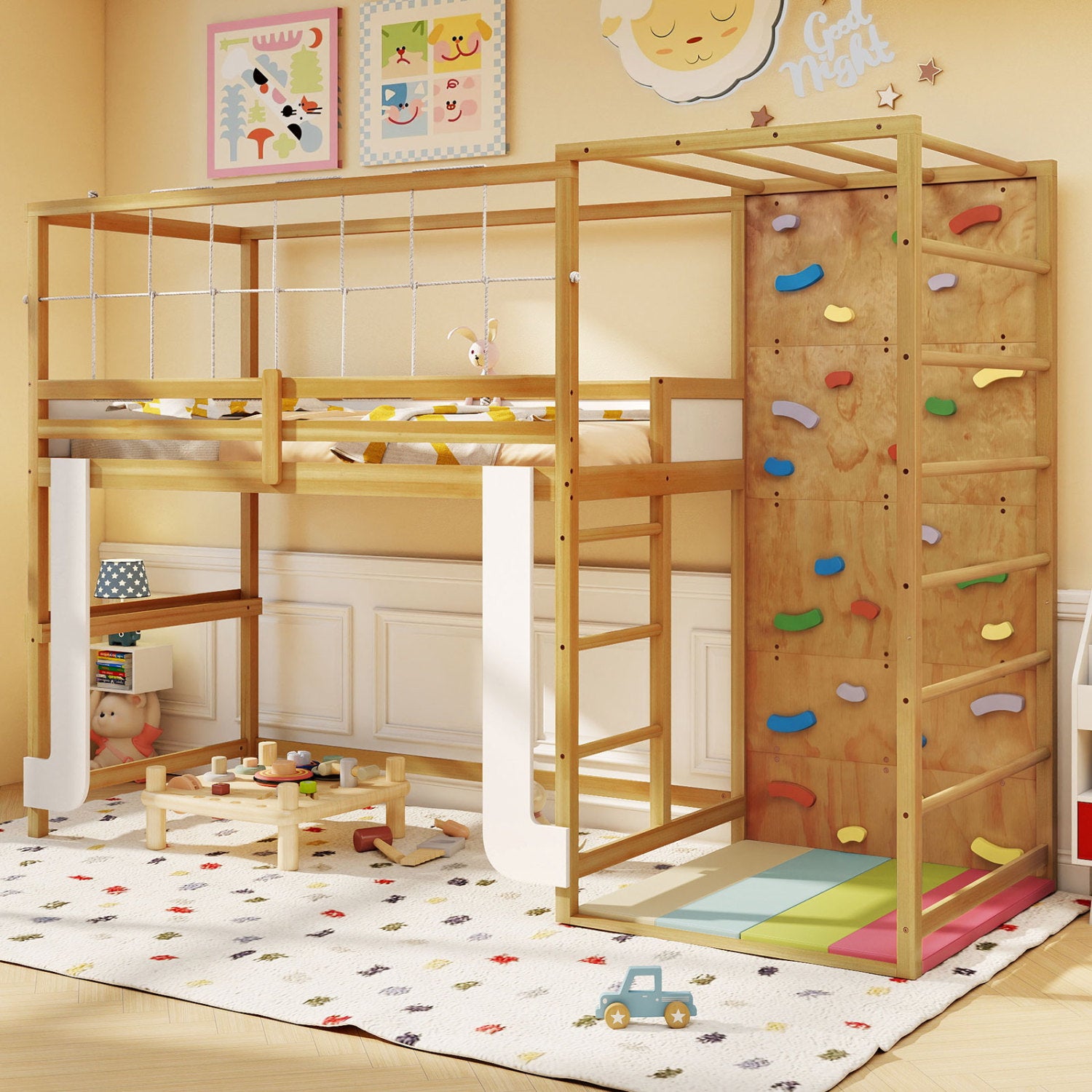 Twin Bunk Bed With Jungle Gym, Wooden Loft Bed, Climbing Ladder, Natural Bunk Bed Frame at Gallery Canada