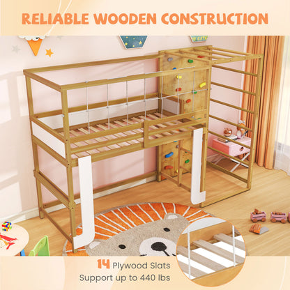 Twin Bunk Bed With Jungle Gym, Wooden Loft Bed, Climbing Ladder, Natural Bunk Bed Frame at Gallery Canada