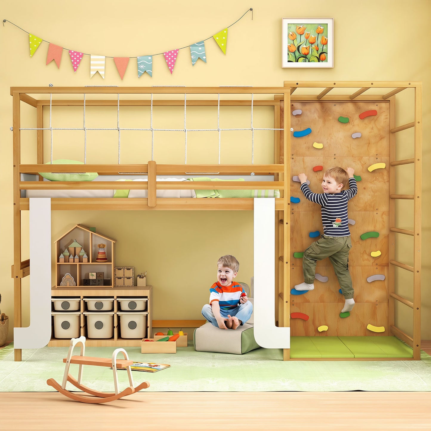 Twin Bunk Bed With Jungle Gym, Wooden Loft Bed, Climbing Ladder, Natural Bunk Bed Frame at Gallery Canada
