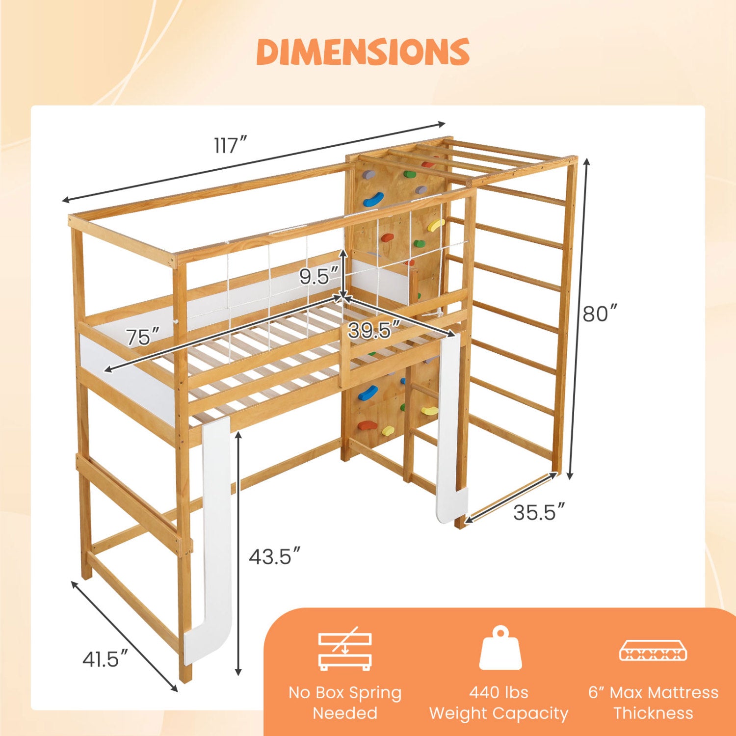 Twin Bunk Bed With Jungle Gym, Wooden Loft Bed, Climbing Ladder, Natural Bunk Bed Frame at Gallery Canada
