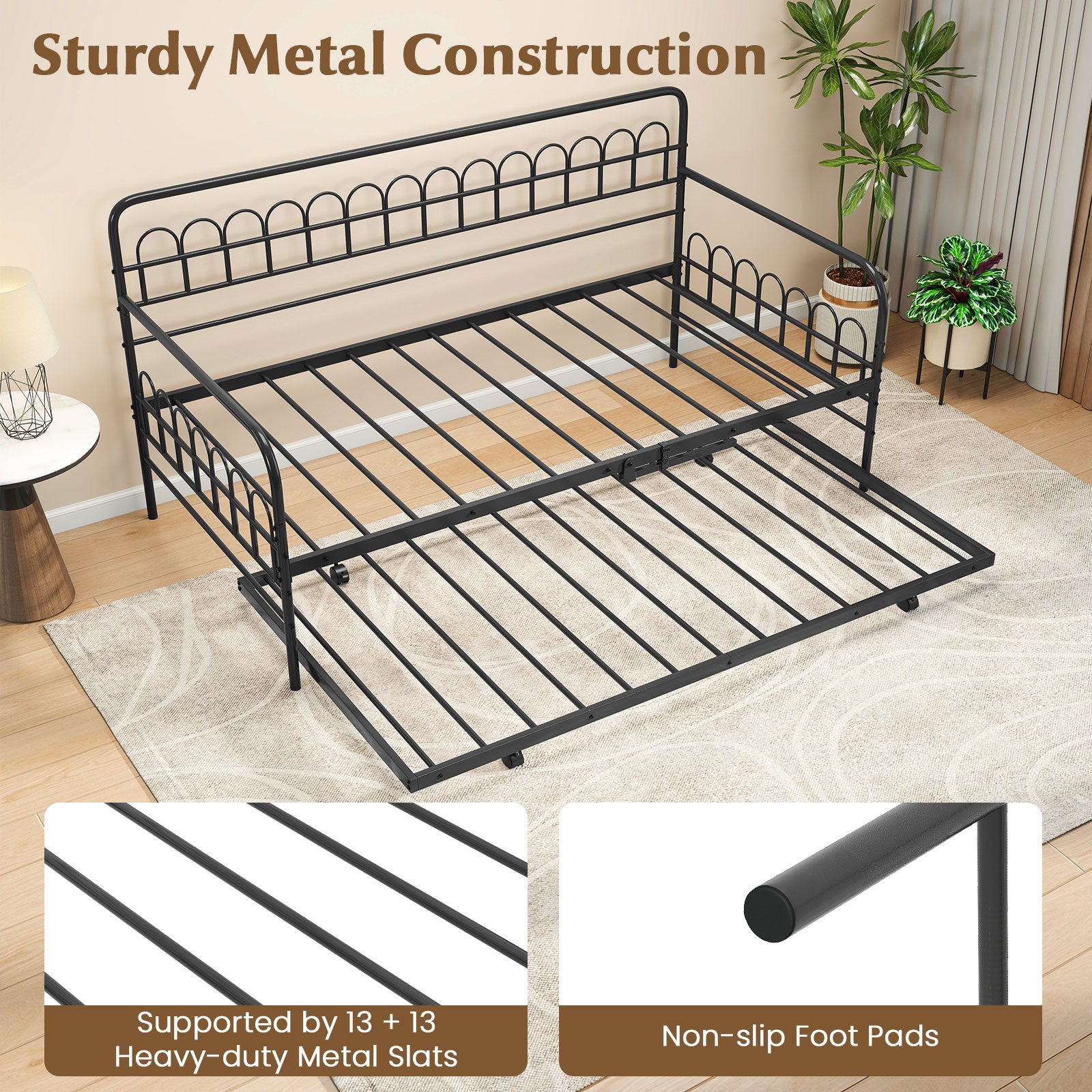 Twin Daybed with Curved Backrest and Armrests, Black Trundle Bed Frame at Gallery Canada