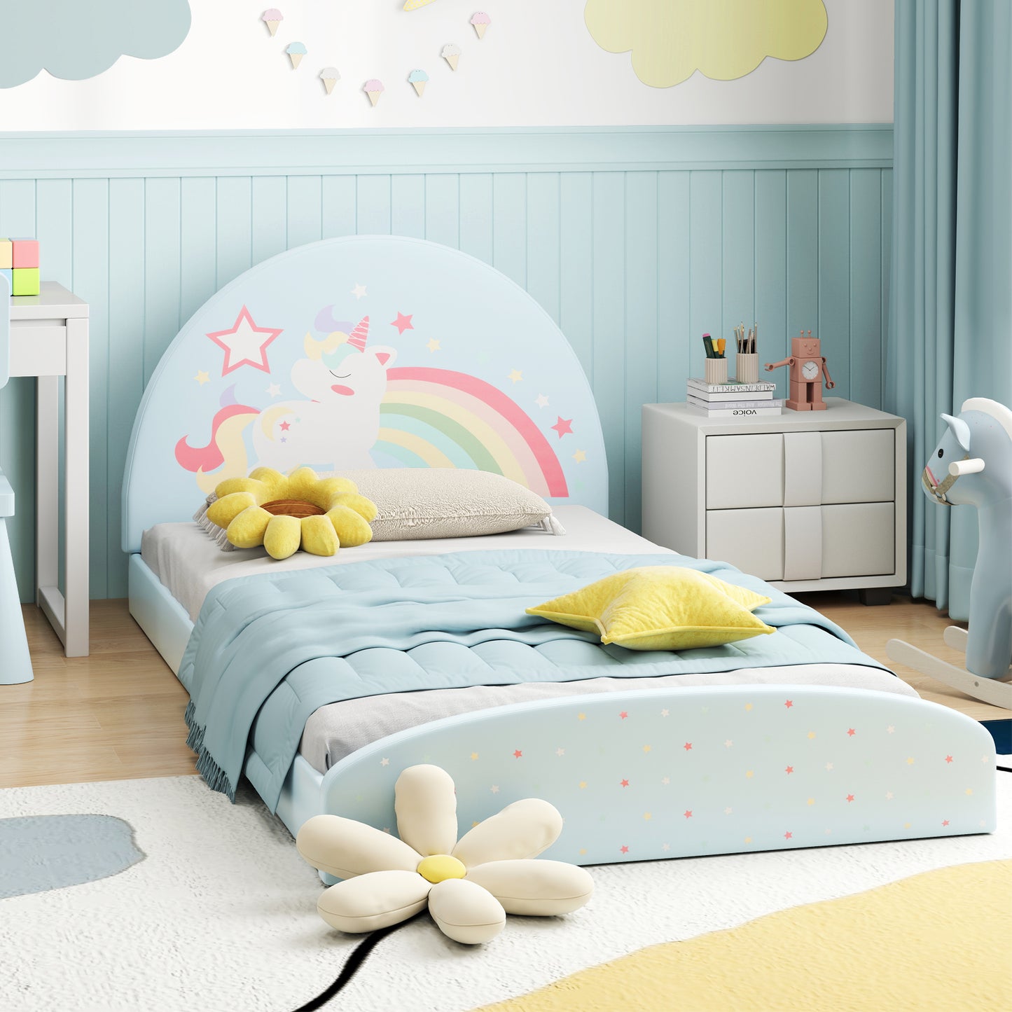 Twin Floor Bed Frame, Upholstered Kids Bed, Twin Size, Blue Toddler Beds at Gallery Canada
