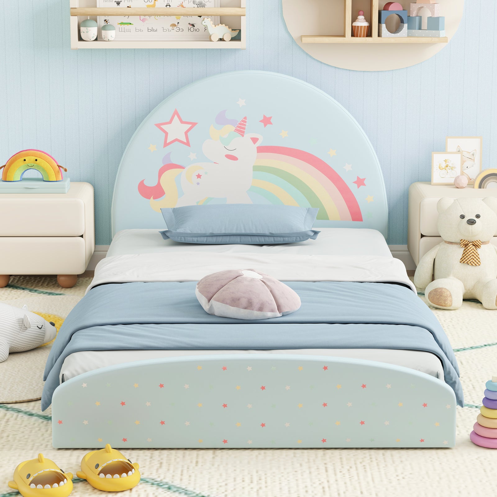 Twin Floor Bed Frame, Upholstered Kids Bed, Twin Size, Blue Toddler Beds at Gallery Canada