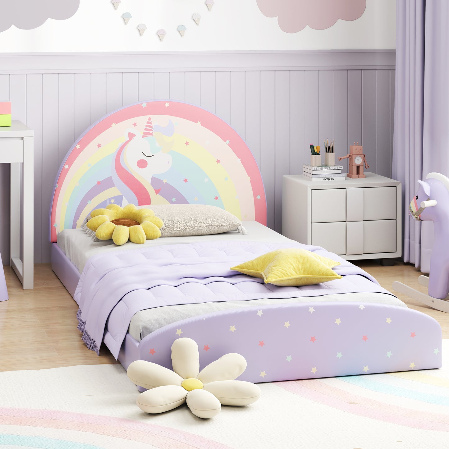Twin Size Kids Floor Bed Frame, Upholstered, Purple Toddler Beds at Gallery Canada