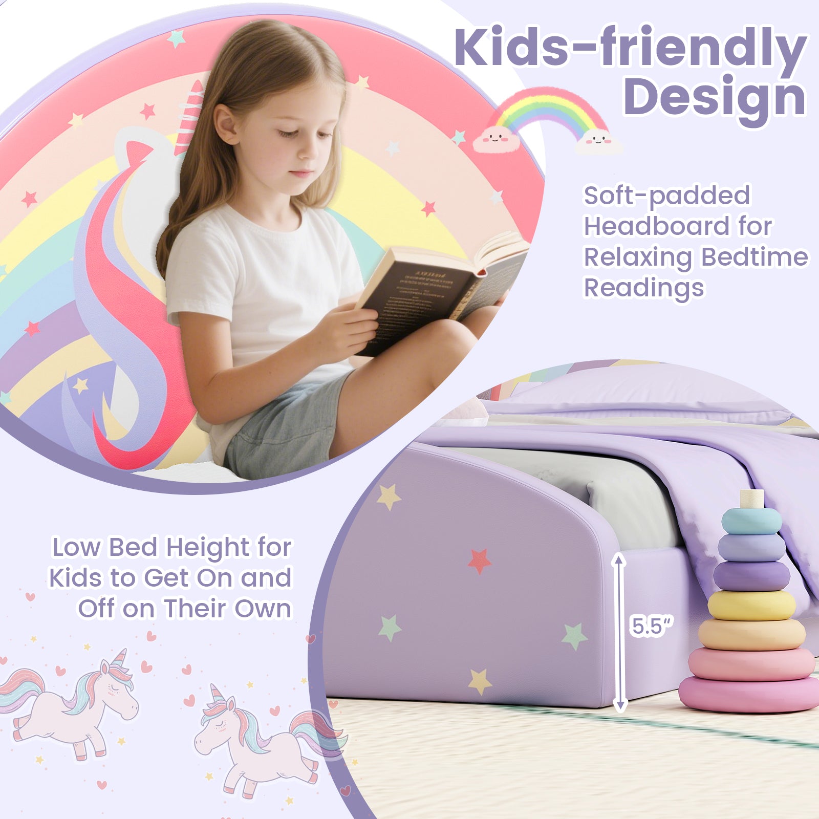 Twin Size Kids Floor Bed Frame, Upholstered, Purple Toddler Beds at Gallery Canada