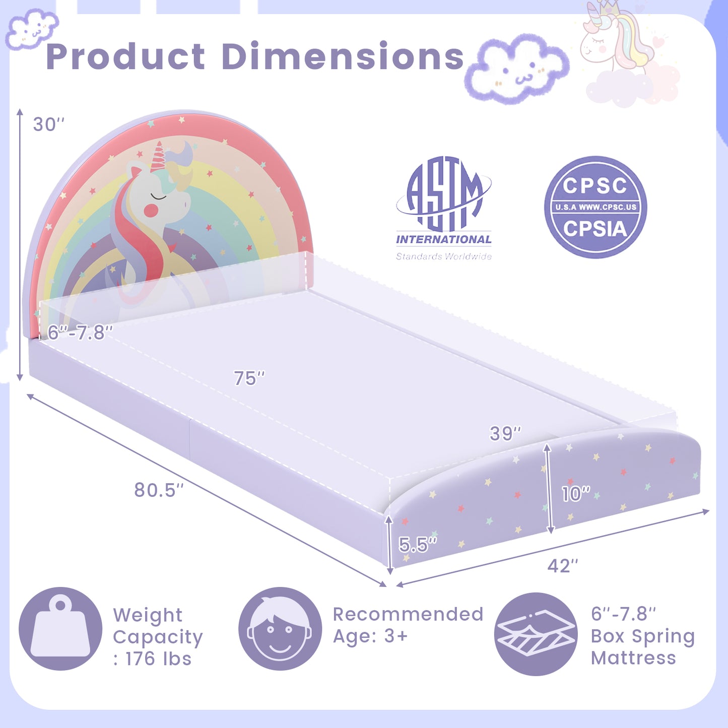 Twin Size Kids Floor Bed Frame, Upholstered, Purple Toddler Beds at Gallery Canada