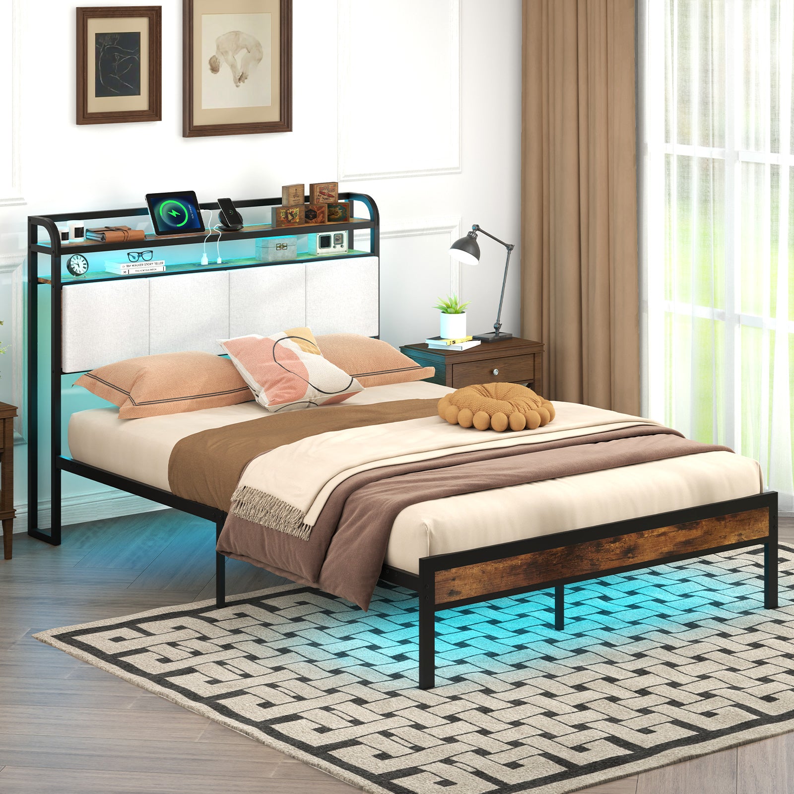 Full Size Bed Frame With Led Light, Charging Station, Gray Simple Bed Frame at Gallery Canada