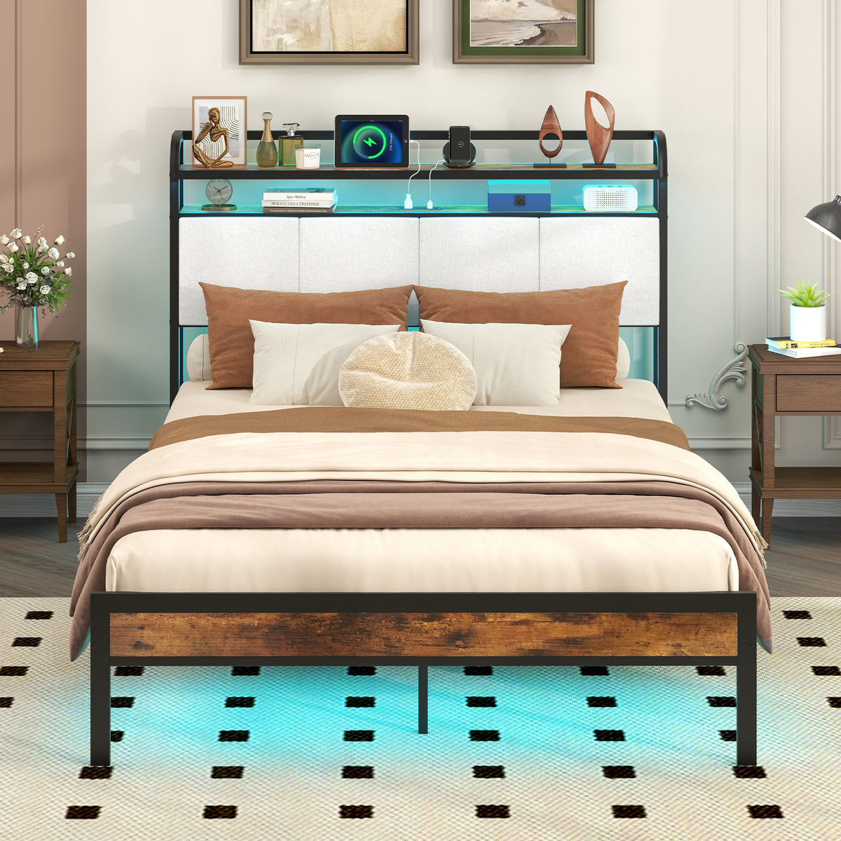 Full Size Bed Frame With Led Light, Charging Station, Gray Simple Bed Frame at Gallery Canada