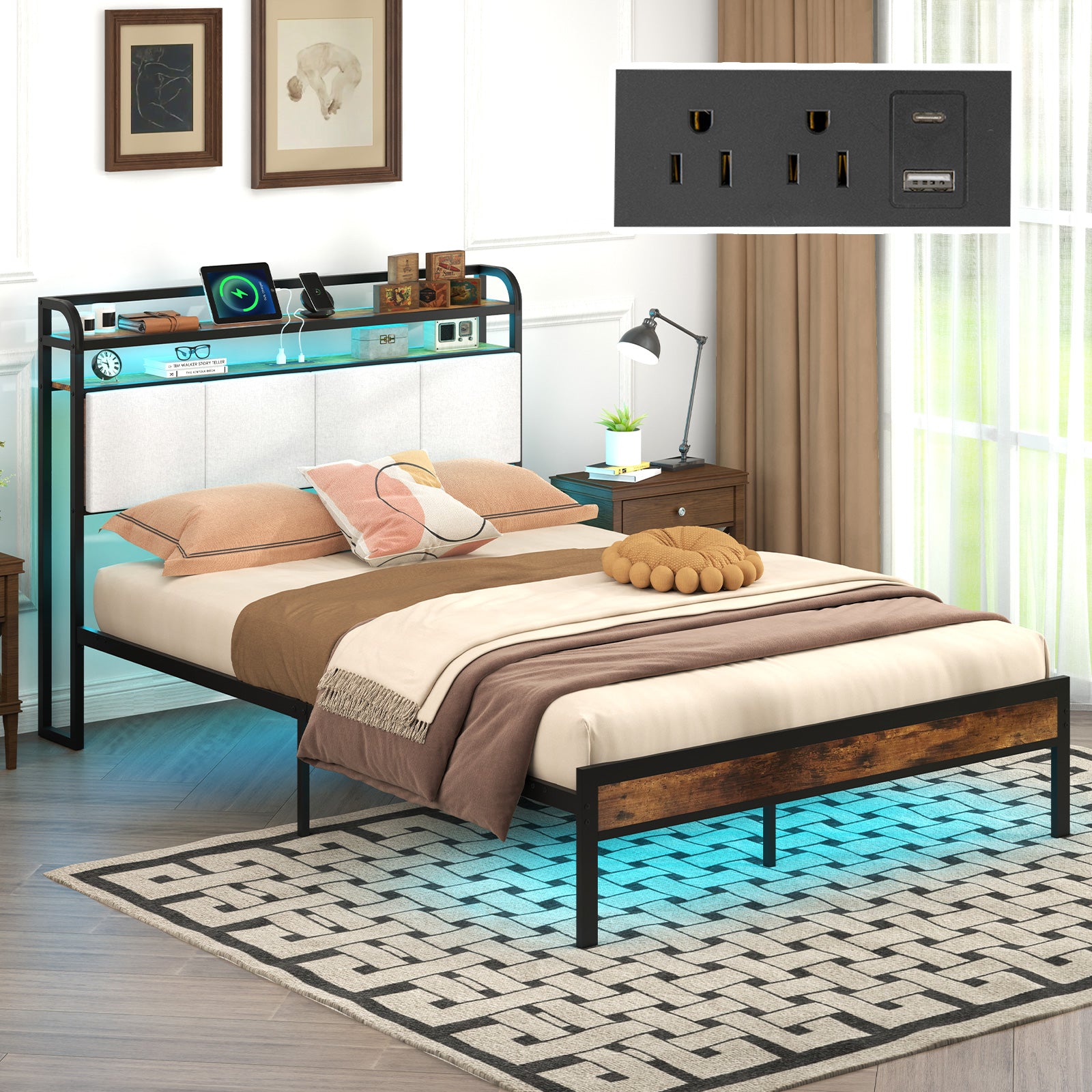 Full Size Bed Frame With Led Light, Charging Station, Gray Simple Bed Frame at Gallery Canada