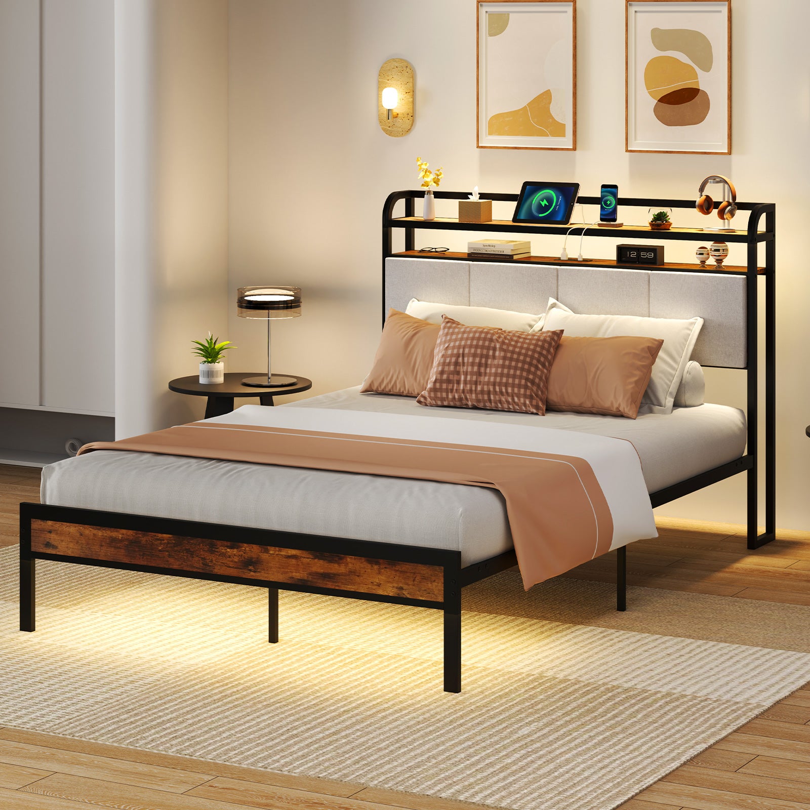 Full Size Bed Frame With Led Light, Charging Station, Gray Simple Bed Frame at Gallery Canada