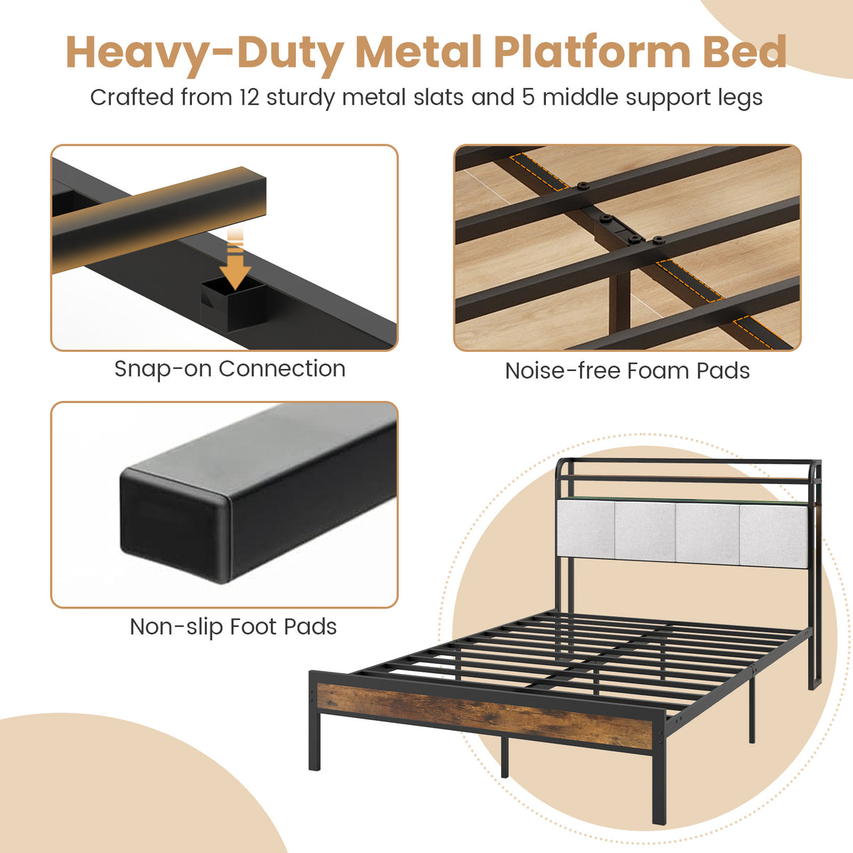 Full Size Bed Frame With Led Light, Charging Station, Gray Simple Bed Frame at Gallery Canada