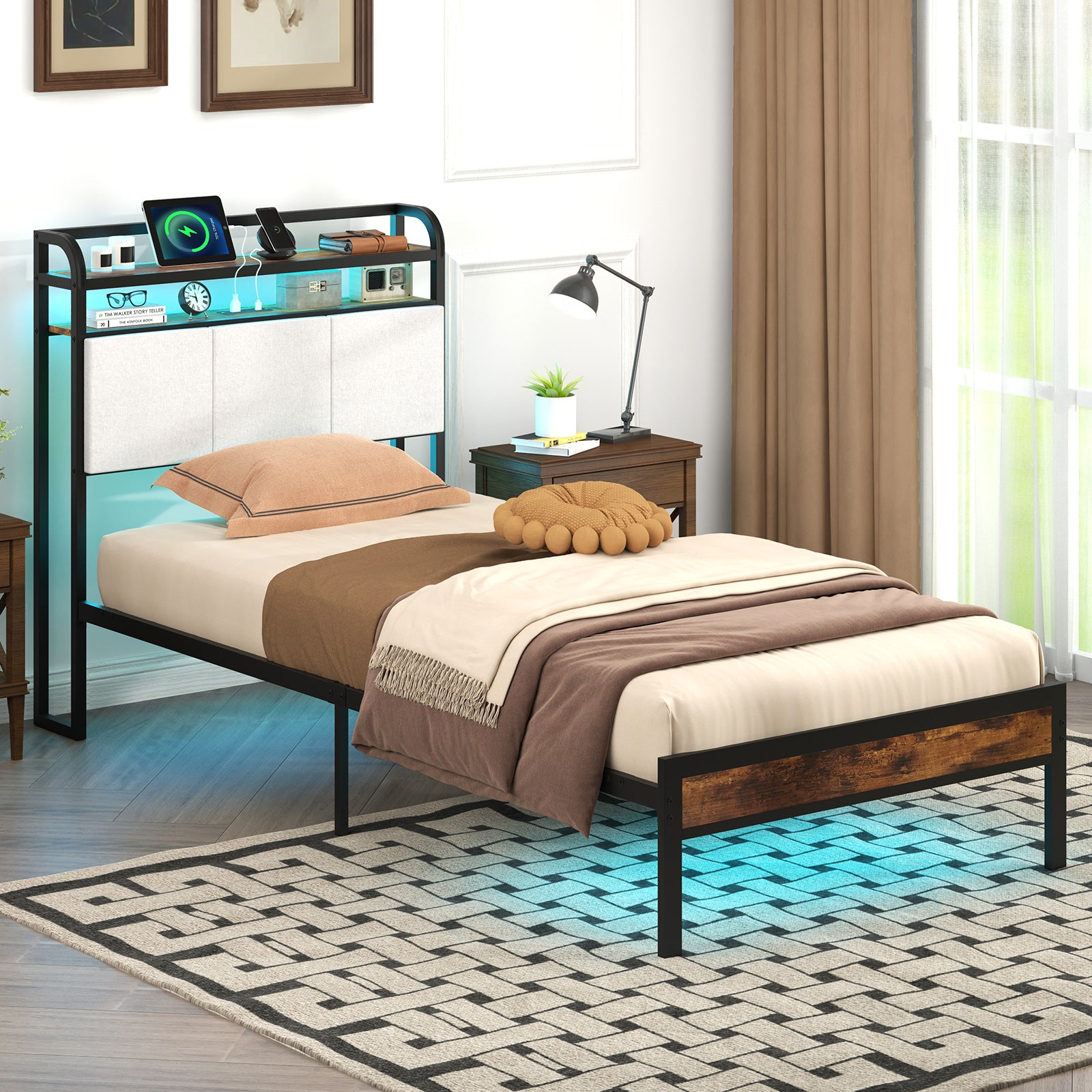 Twin Size Bed Frame With LED Light, Charging Station, Gray Simple Bed Frame at Gallery Canada