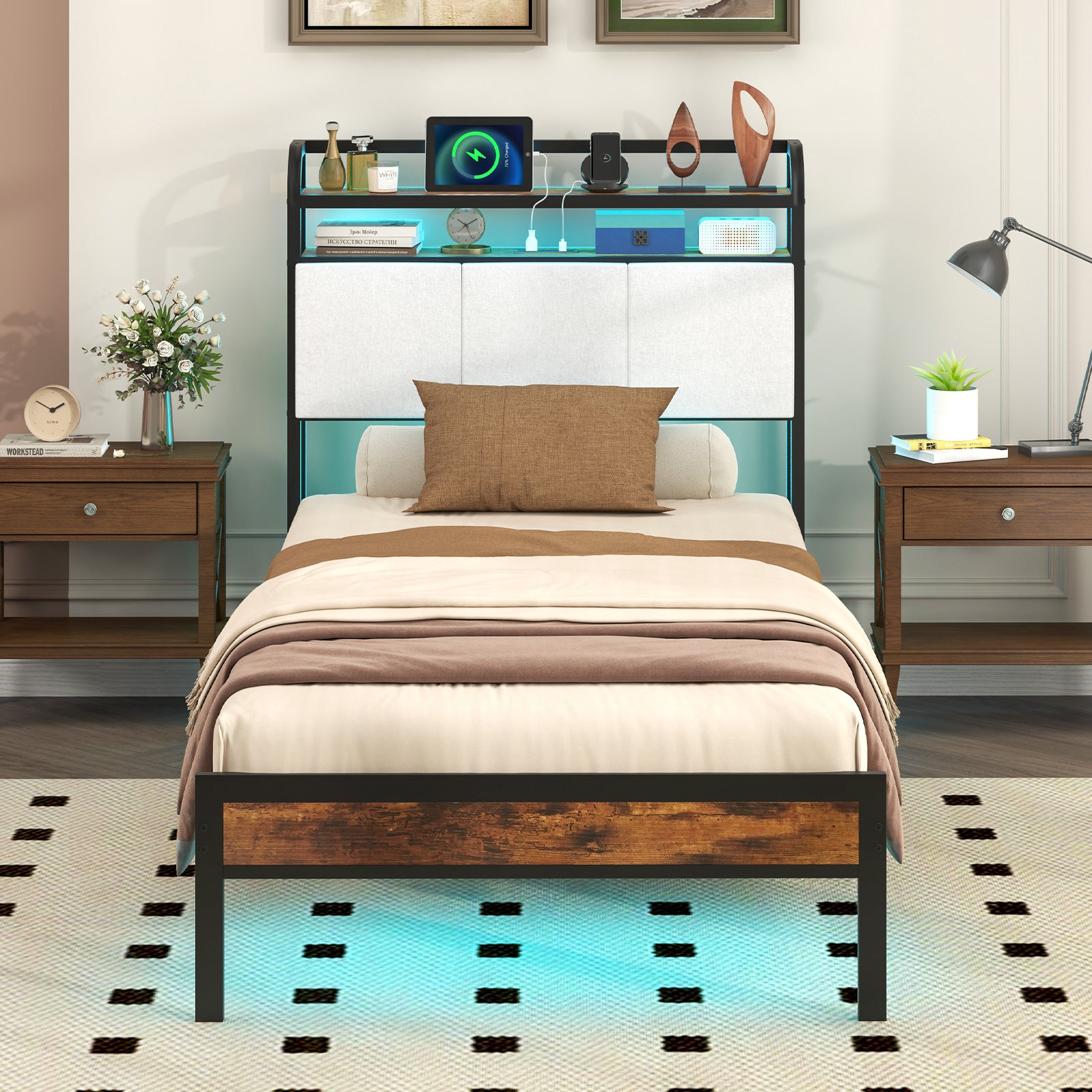 Twin Size Bed Frame With LED Light, Charging Station, Gray Simple Bed Frame at Gallery Canada