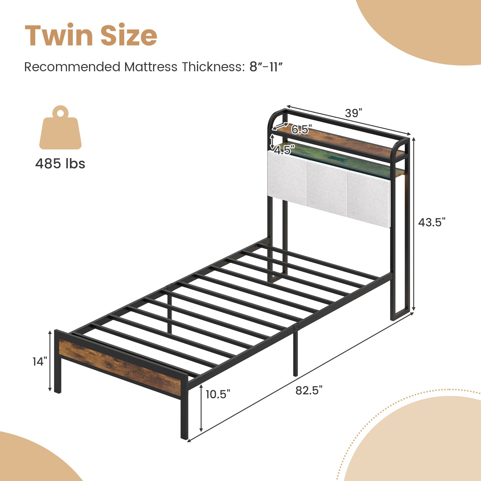 Twin Size Bed Frame With LED Light, Charging Station, Gray Simple Bed Frame at Gallery Canada