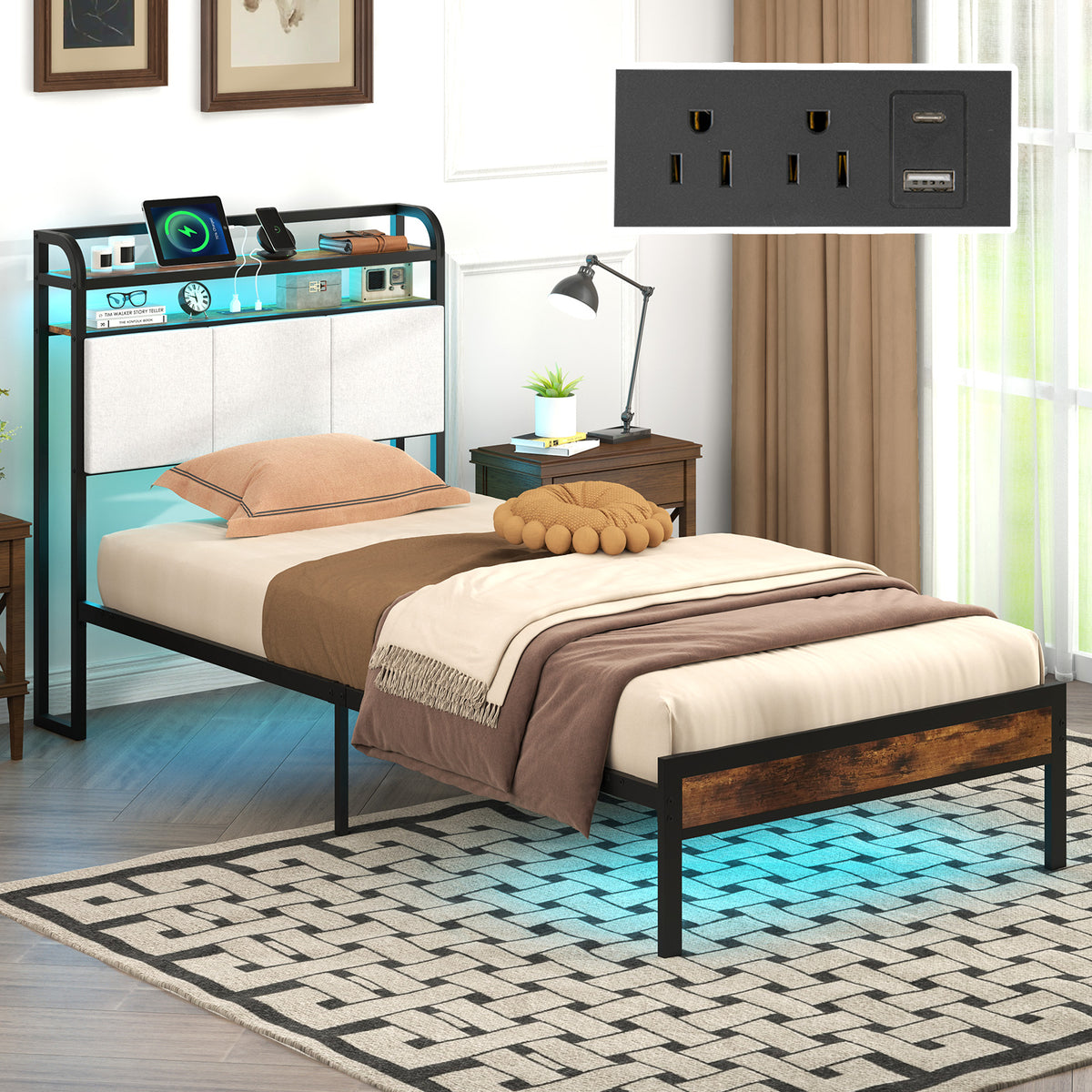 Twin Size Bed Frame With LED Light, Charging Station, Gray Simple Bed Frame at Gallery Canada