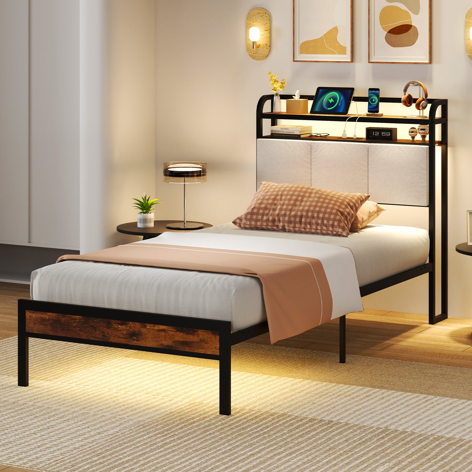 Twin Size Bed Frame With LED Light, Charging Station, Gray Simple Bed Frame at Gallery Canada