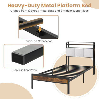 Twin Size Bed Frame With LED Light, Charging Station, Gray Simple Bed Frame at Gallery Canada