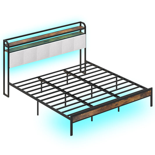 King Size Bed Frame With LED Light, Charging Station, Gray Simple Bed Frame Gray at Gallery Canada