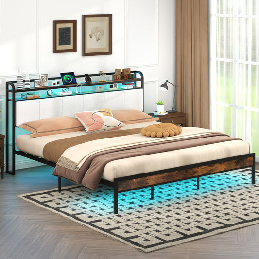 King Size Bed Frame With LED Light, Charging Station, Gray Simple Bed Frame Gray at Gallery Canada