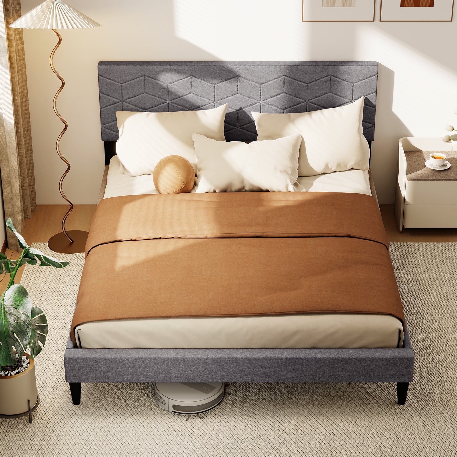 Queen Size Platform Bed Frame, Linen Upholstered Headboard, Gray Simple Bed Frame at Gallery Canada