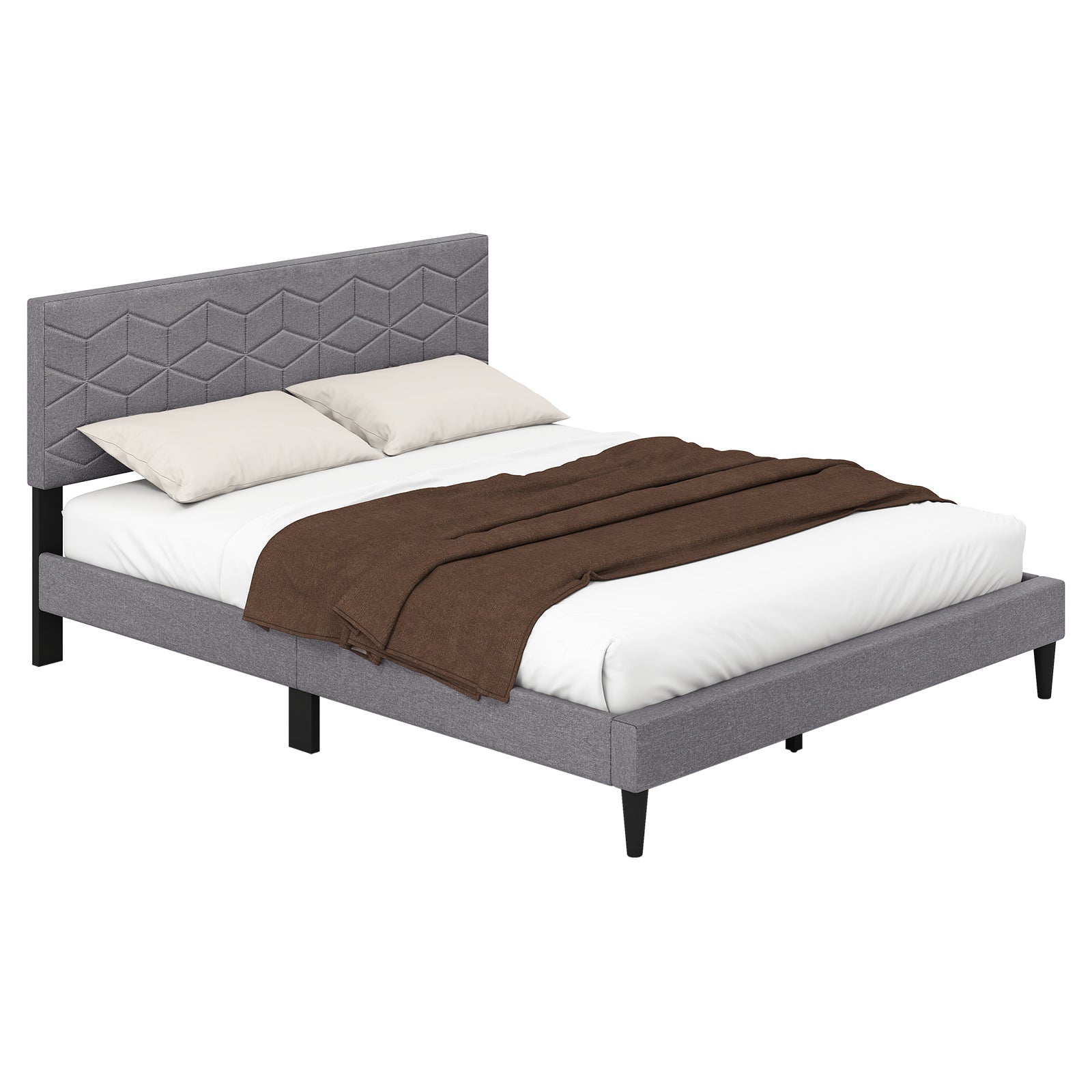 Queen Size Platform Bed Frame, Linen Upholstered Headboard, Gray Simple Bed Frame at Gallery Canada