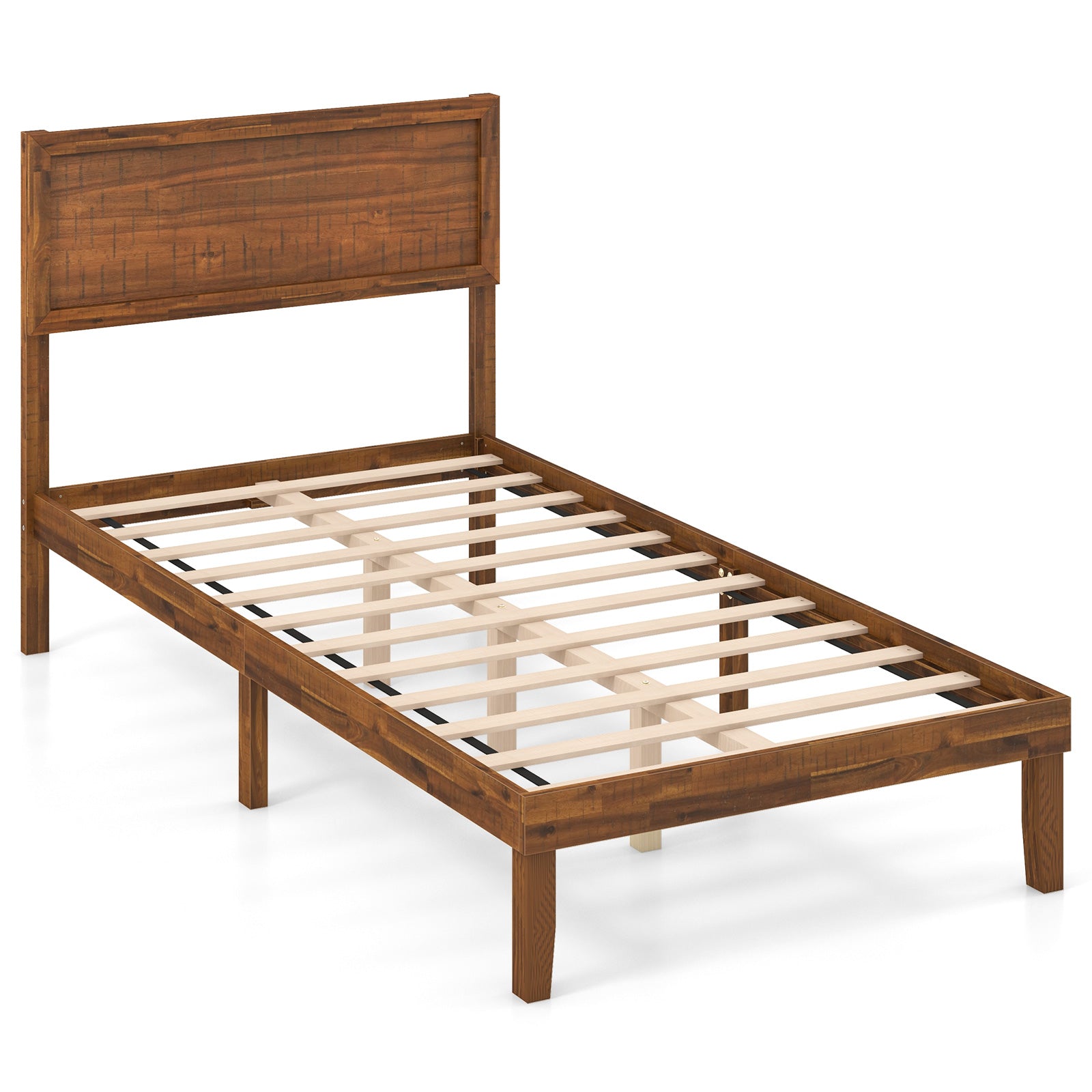 Twin Size Bed Frame With Headboard, Wooden Slats, Walnut Simple Bed Frame Walnut at Gallery Canada