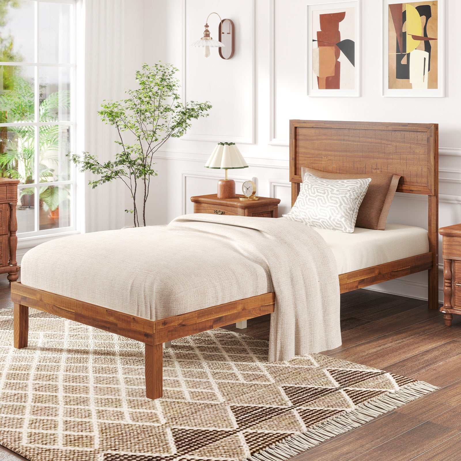 Twin Size Bed Frame With Headboard, Wooden Slats, Walnut Simple Bed Frame at Gallery Canada