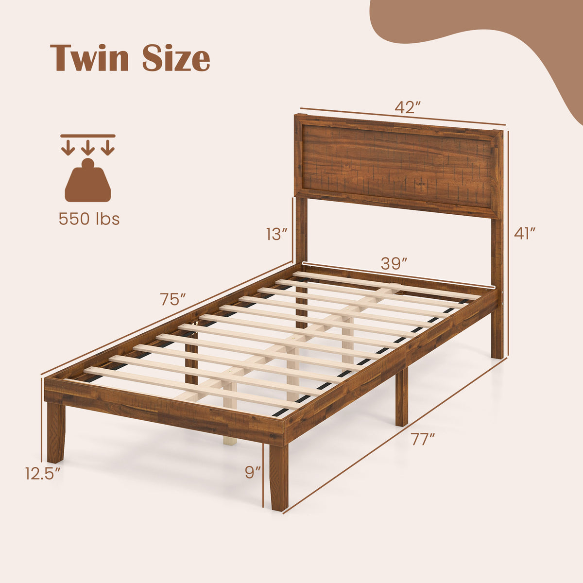 Twin Size Bed Frame With Headboard, Wooden Slats, Walnut Simple Bed Frame at Gallery Canada