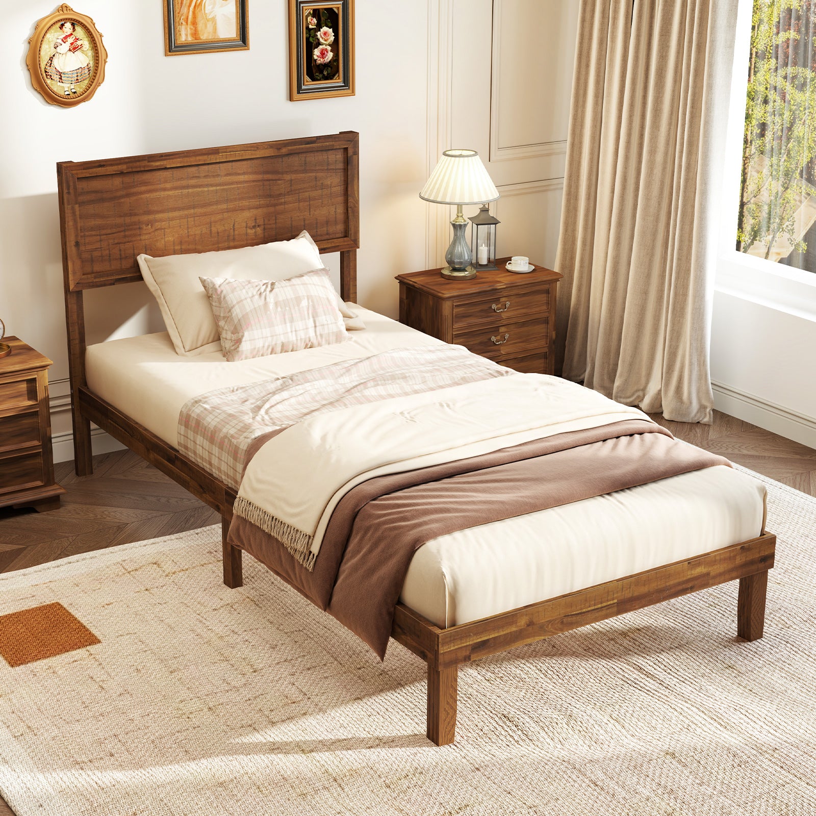 Twin Size Bed Frame With Headboard, Wooden Slats, Walnut Simple Bed Frame at Gallery Canada