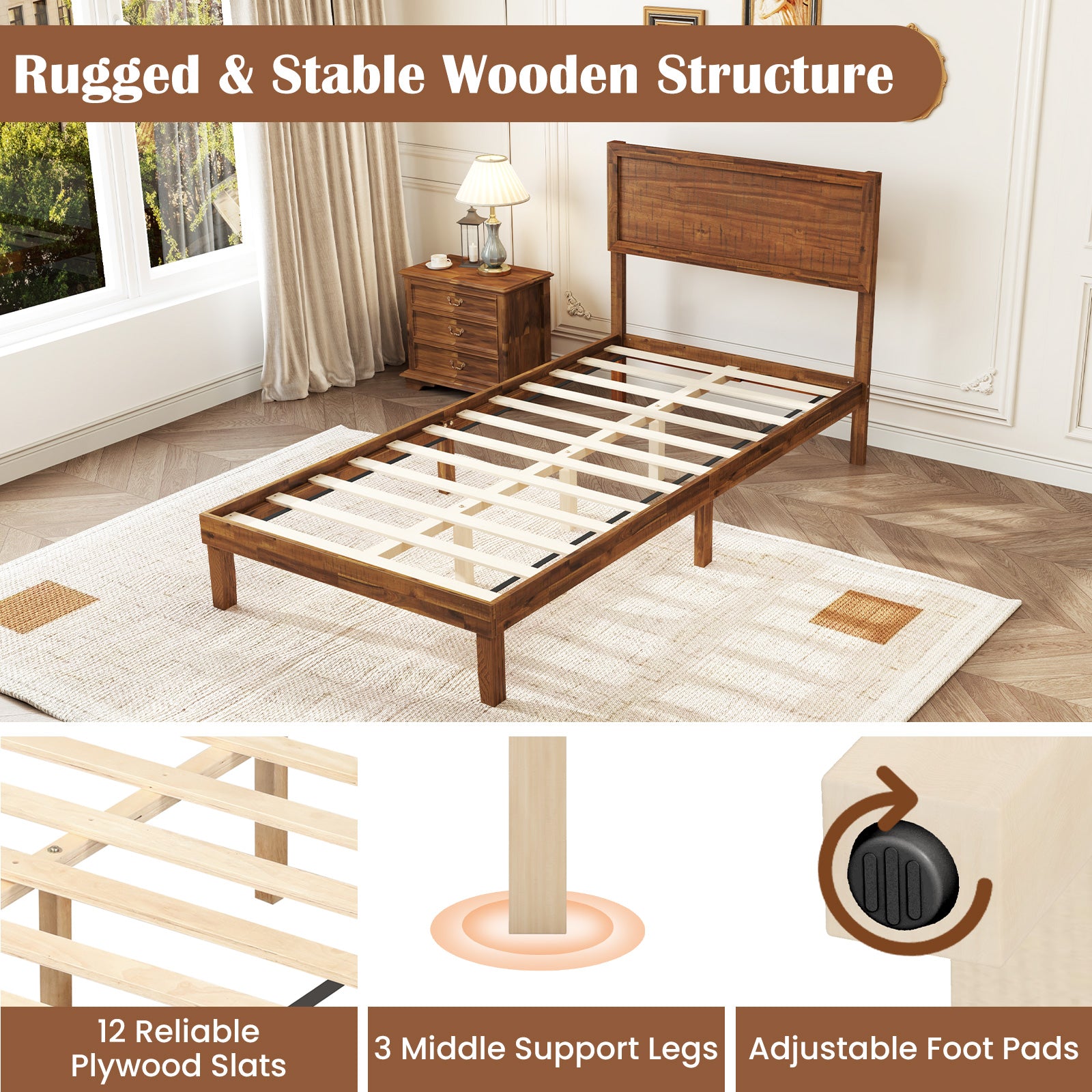 Twin Size Bed Frame With Headboard, Wooden Slats, Walnut Simple Bed Frame at Gallery Canada
