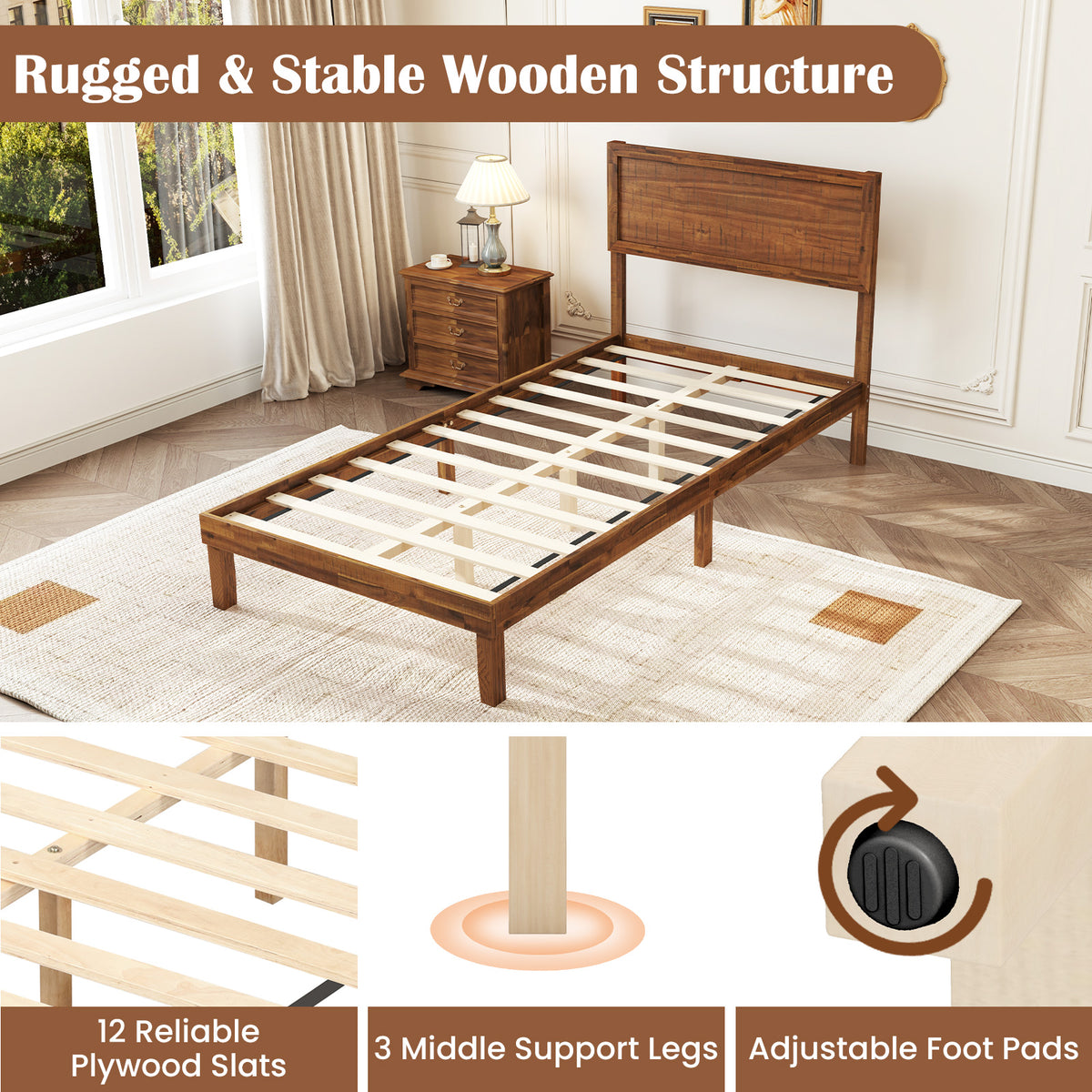 Twin Size Bed Frame With Headboard, Wooden Slats, Walnut Simple Bed Frame at Gallery Canada