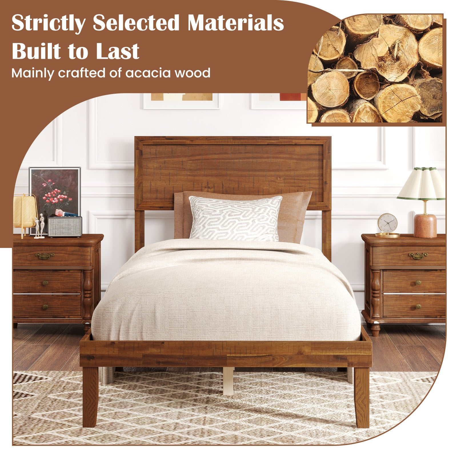 Twin Size Bed Frame With Headboard, Wooden Slats, Walnut Simple Bed Frame at Gallery Canada