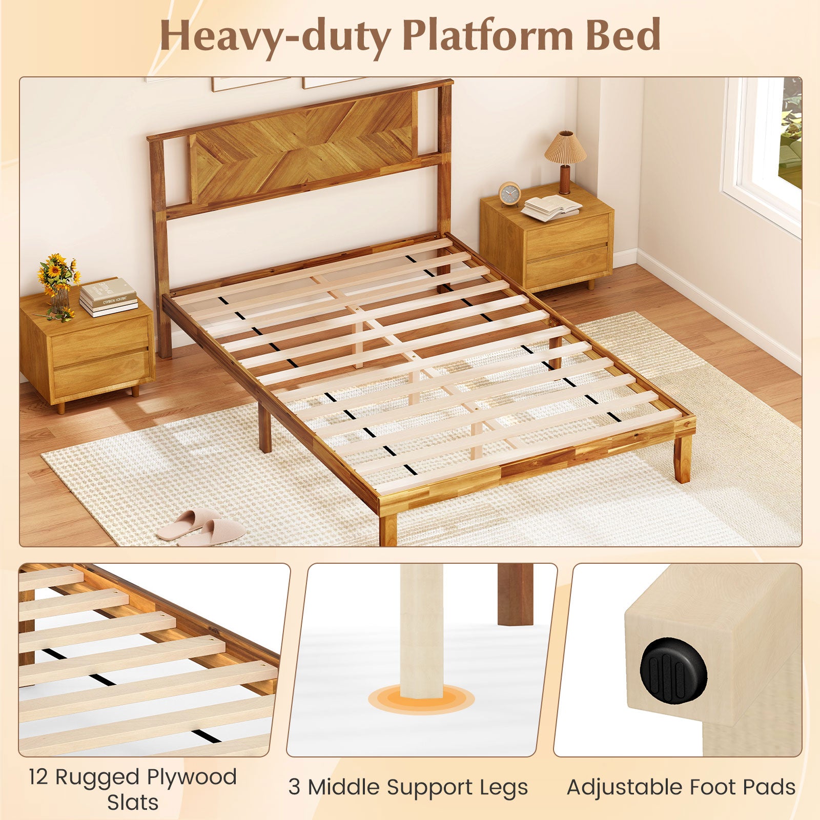 Twin/Full/Queen Size Bed Frame Mid-Century Acacia Wood Platform Bed with Headboard-Full Size Simple Bed Frame at Gallery Canada