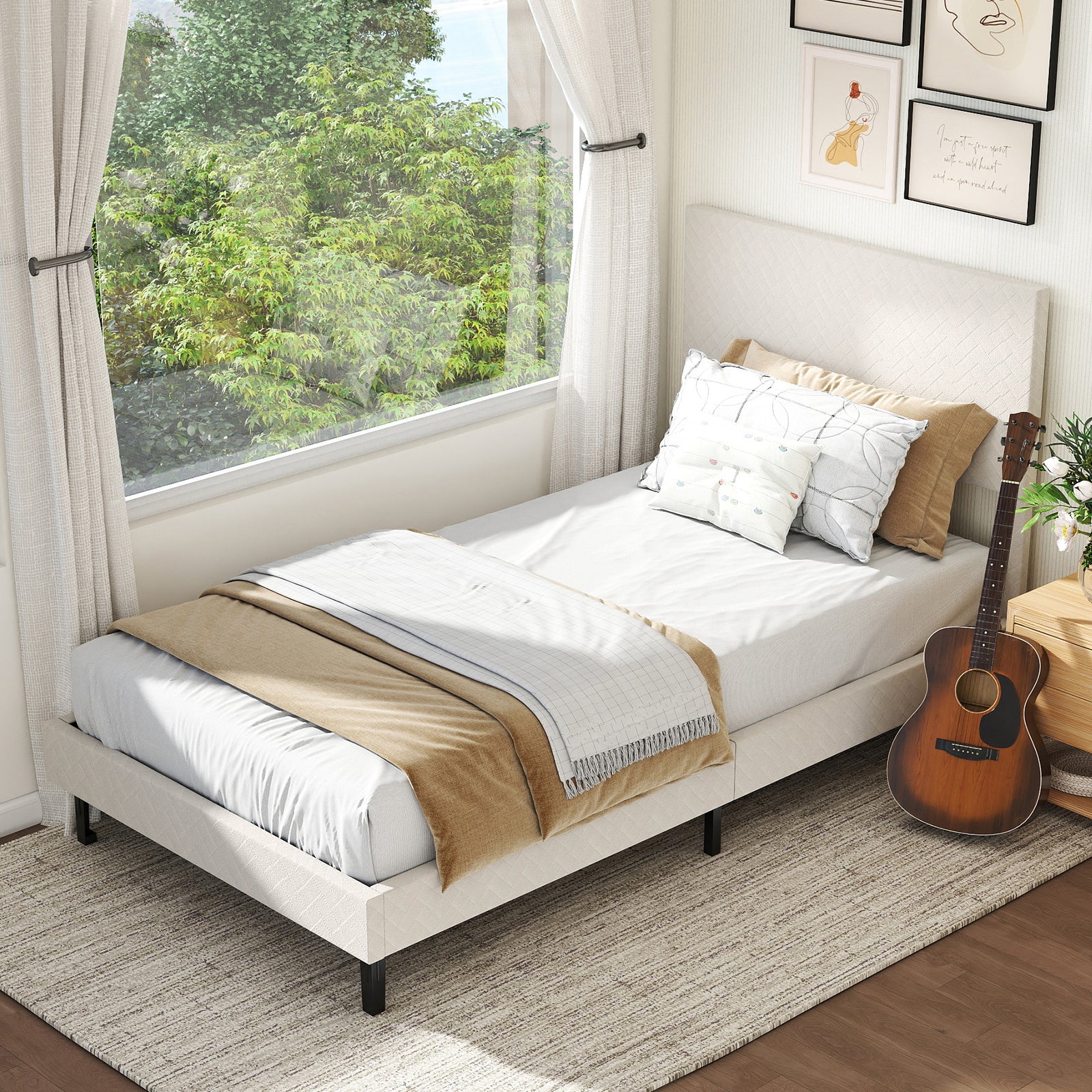 Twin/Full/Queen Size Velvet Bed Frame Upholstered Platform Bed with Chevron Headboard Beige-Twin Simple Bed Frame at Gallery Canada