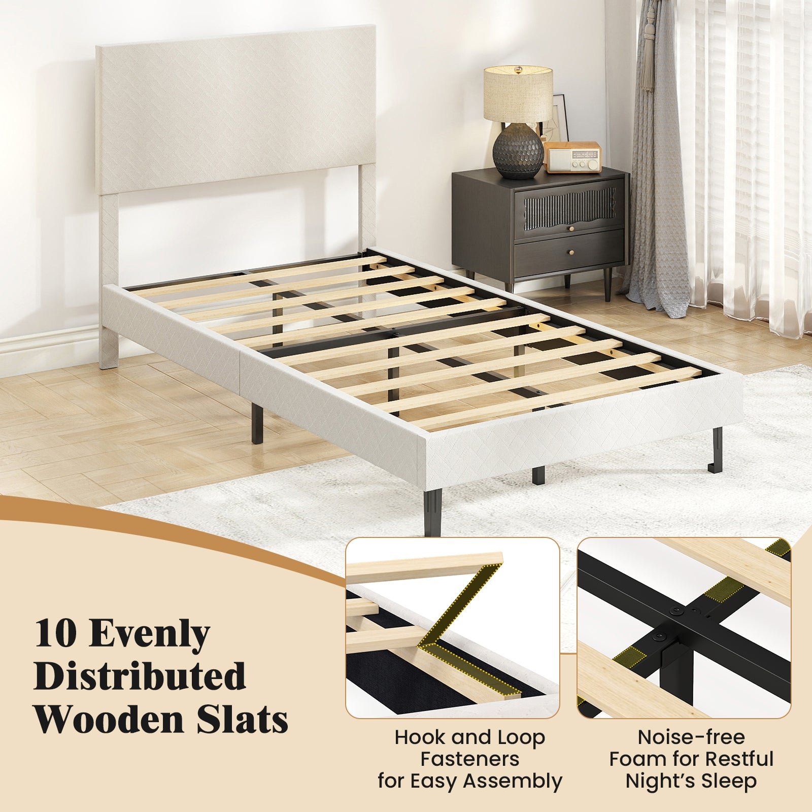 Twin/Full/Queen Size Velvet Bed Frame Upholstered Platform Bed with Chevron Headboard Beige-Twin Simple Bed Frame at Gallery Canada