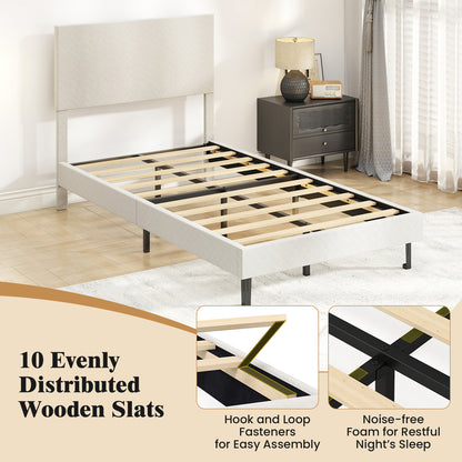 Twin/Full/Queen Size Velvet Bed Frame Upholstered Platform Bed with Chevron Headboard Beige-Twin Simple Bed Frame at Gallery Canada
